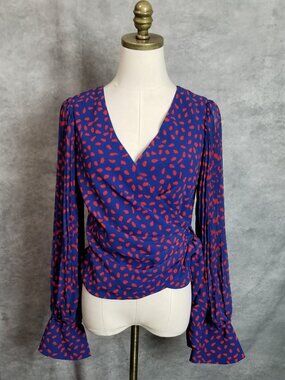 Self-Portrait Royal Blue & Red Dotted Pleated Sleeve Wrap Blouse Size 4 Feminine